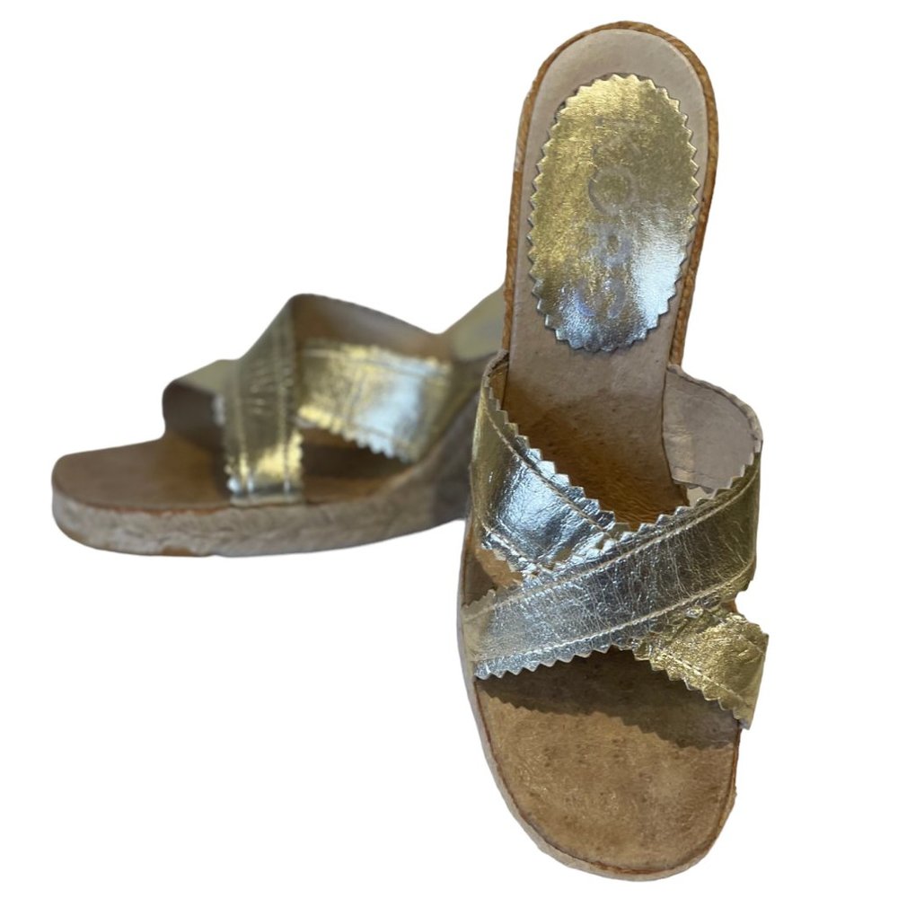 KORS Michael Kors Gold Cross Strap Espadrille Wedges, Size 6